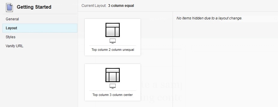 Screen capture of the PageLayout options and the "No items hidden due to a layout change" message.